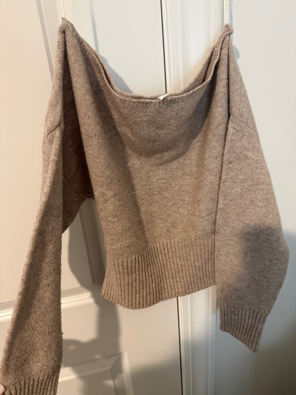 Garage Cozy Off-Shoulder Taupe Sweater - Picture 3 of 4